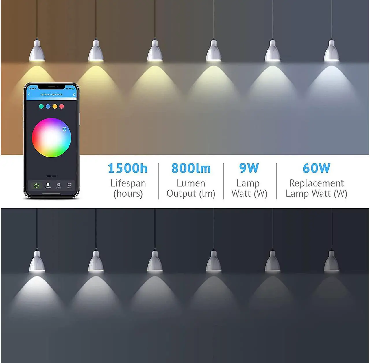 Alt view image 2 of 5 - LaView Smart Light Bulbs, Bluetooth Bulbs, Color-Changing Bulbs, Work with Alexa and Google Assistant, No hub Required, 9w (60w Equivalent), Used for Party Decoration, Smart Home Lighting