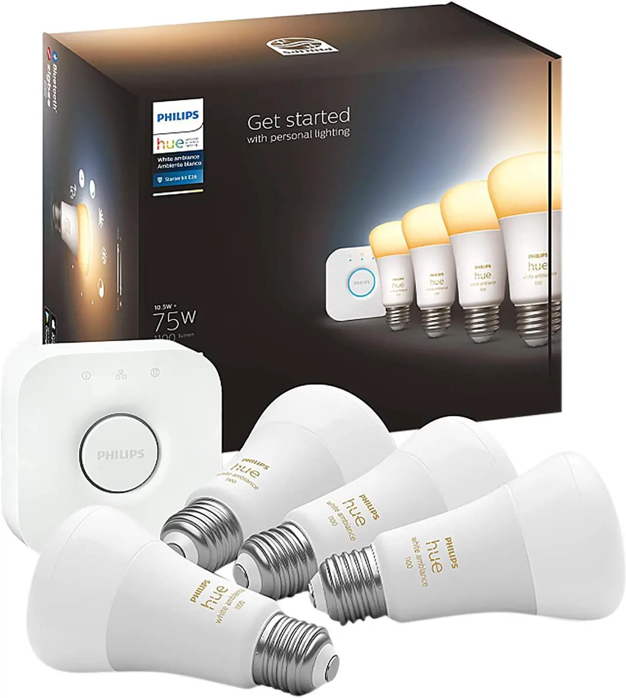 Philips Hue 563270 Starter Kit, 10.5W A19 E26 Bluetooth 4-pack Smart Bulb