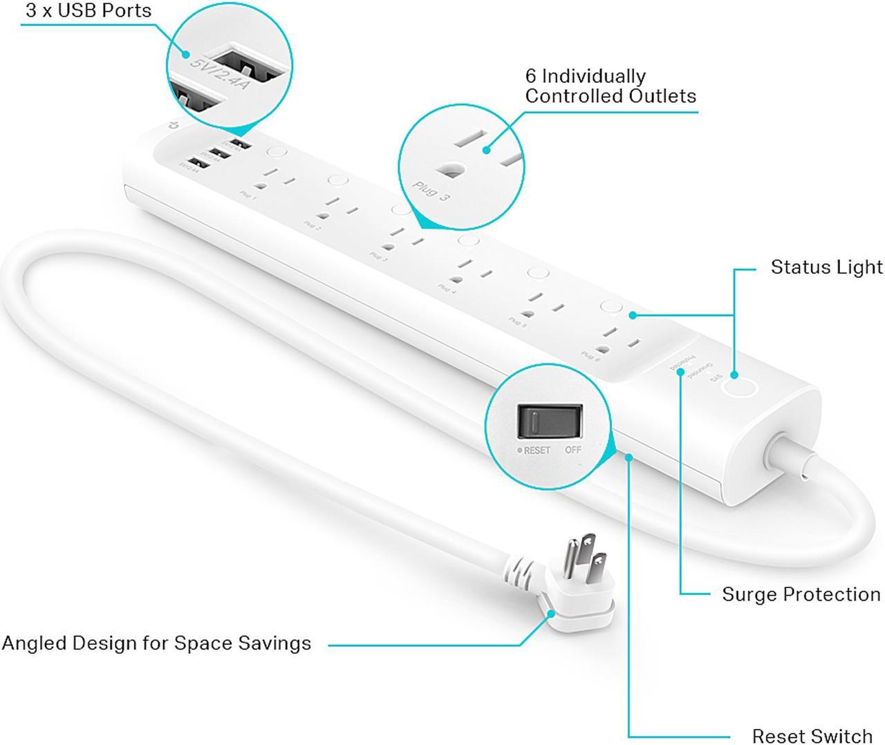Alt view image 7 of 10 - Kasa Smart Plug Power Strip HS300, Surge Protector with 6 Individually Controlled Smart Outlets and 3 USB Ports, Works with Alexa & Google Home, No Hub Required