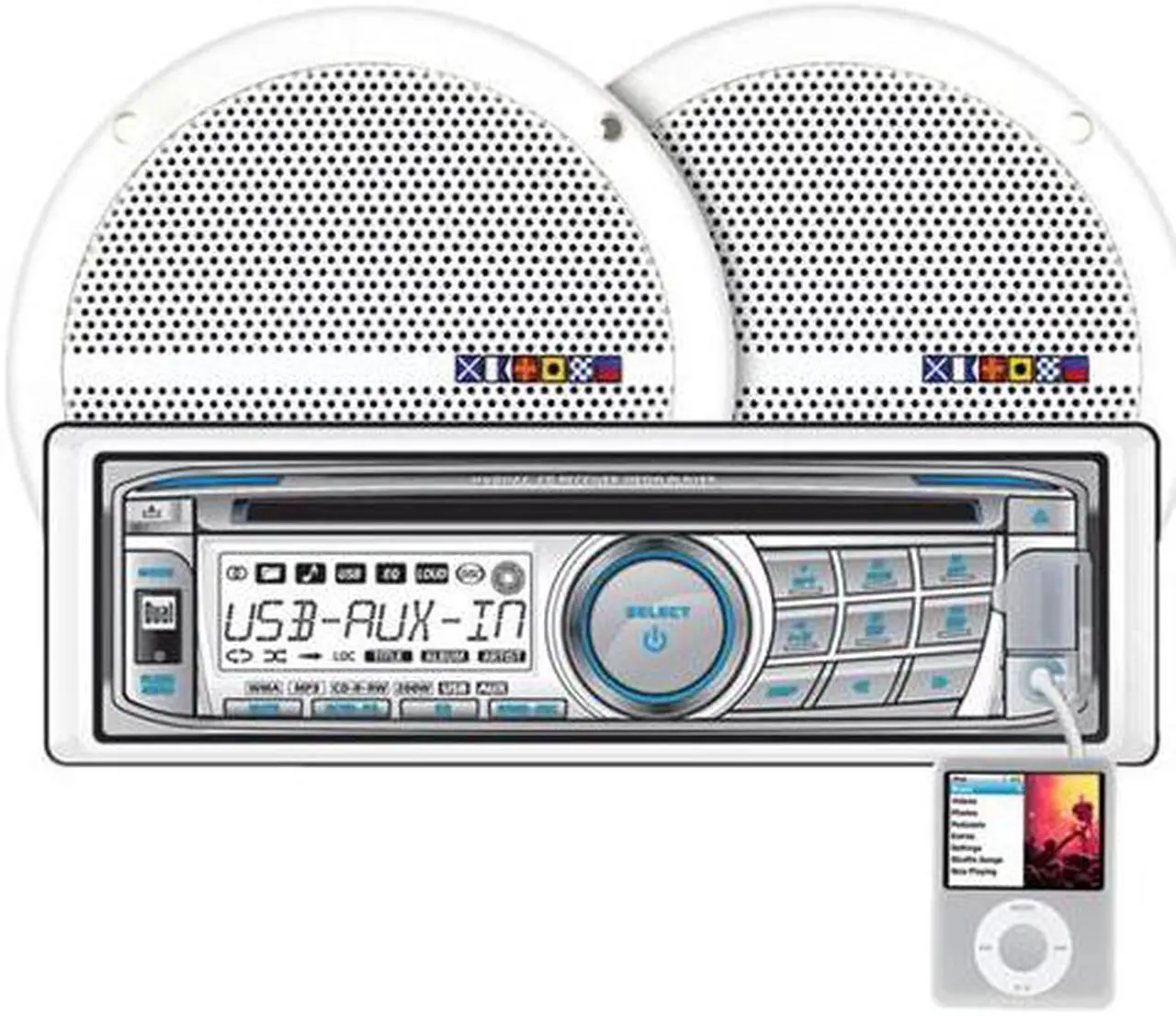 Dual In Dash Marine AM/FM/CD/MP3 Receiver and Speaker Combo Pack ...