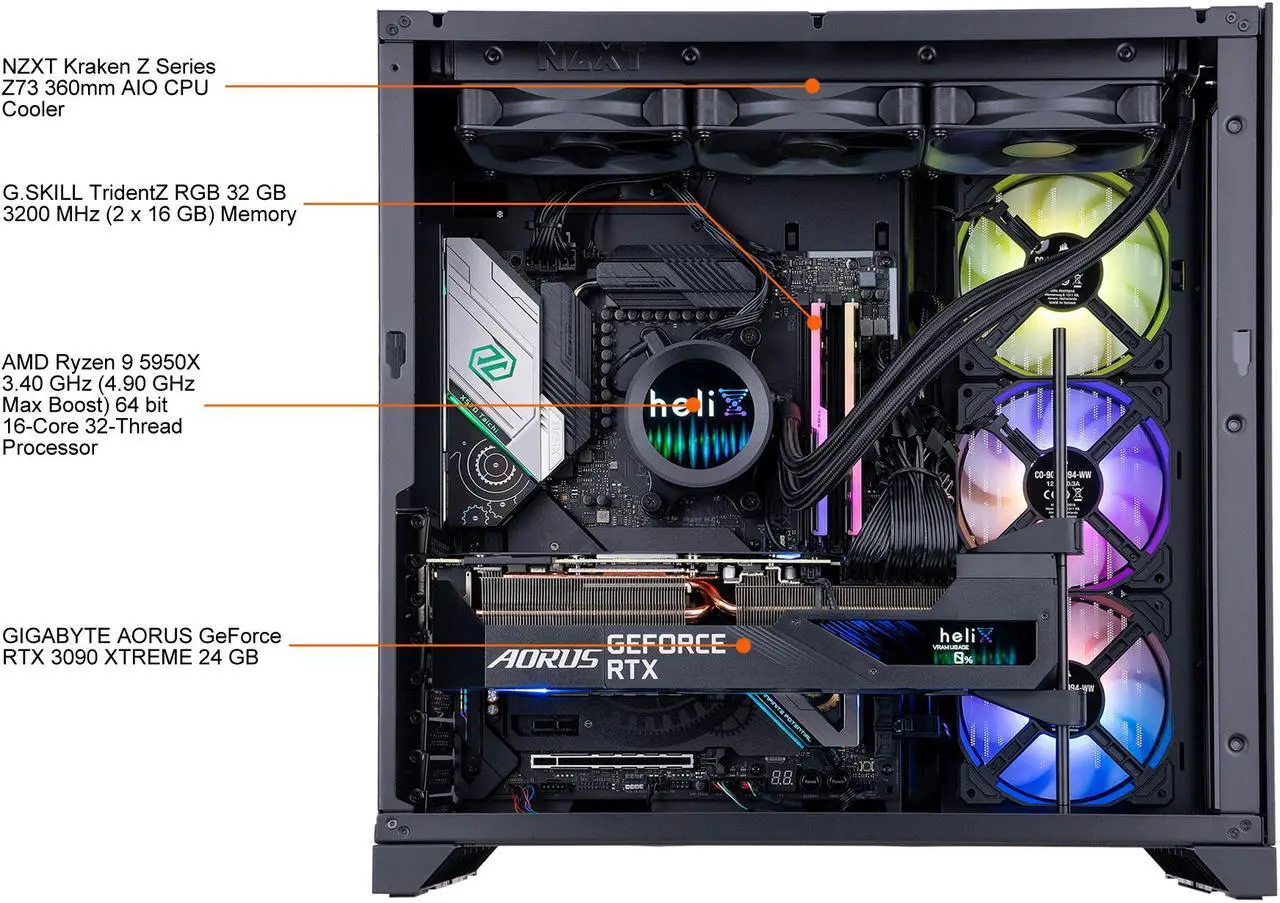 Alt view image 7 of 10 - Helix ADENINE Gaming PC - AMD RYZEN 9 5950X - GIGABYTE AORUS GeForce RTX 3090 XTREME - G.SKILL TridentZ RGB 32GB 3200MHz - 1TB Intel M.2 NVMe SSD - NZXT Kraken Z73A AIO