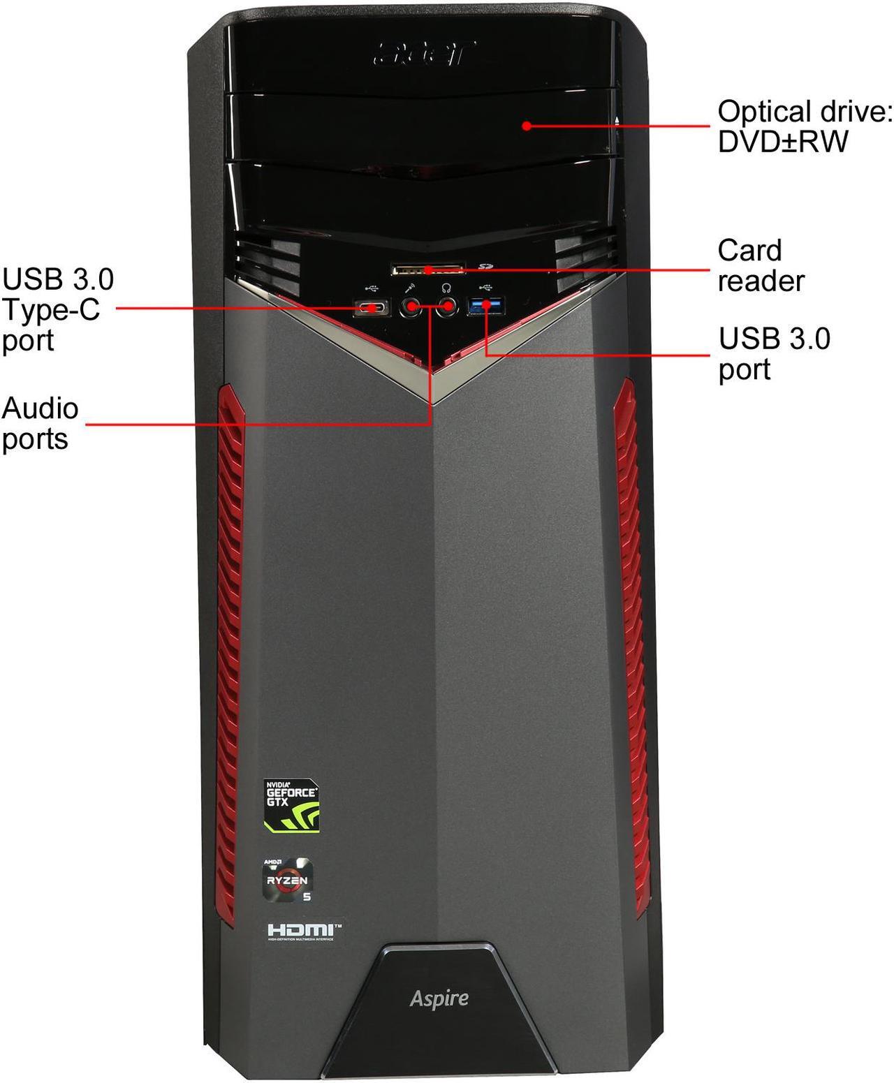 Alt view image 3 of 9 - Acer Gaming Desktop Aspire GX-281-UR15 AMD Ryzen 5 1600 8GB DDR4 1TB HDD GeForce GTX 1050 Ti Windows 10 Home 64-bit