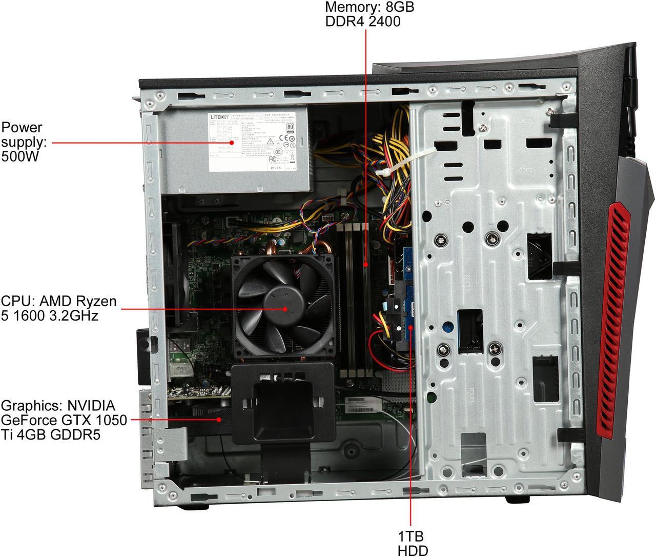 Alt view image 7 of 9 - Acer Gaming Desktop Aspire GX-281-UR15 AMD Ryzen 5 1600 8GB DDR4 1TB HDD GeForce GTX 1050 Ti Windows 10 Home 64-bit