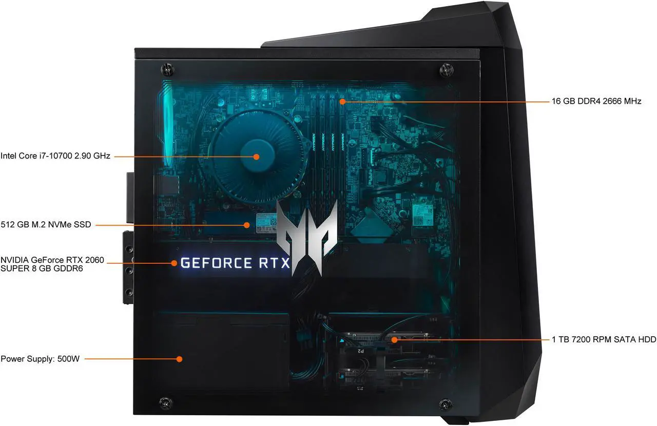 Alt view image 9 of 15 - Acer Predator Orion 3000 - Intel Core i7-10700 - 16 GB DDR4 - 1 TB HDD - 512 GB SSD - GeForce RTX 2060 SUPER - Windows 10 Home - Gaming Desktop (PO3-620-UR14)