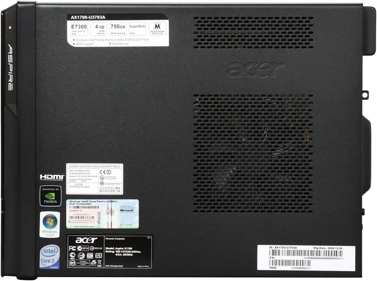 Alt view image 5 of 10 - Acer Desktop PC Aspire AX1700-U3793A Intel Core 2 Duo E7300 4GB DDR2 750GB HDD NVIDIA GeForce G100 Windows Vista Home Premium 64-bit