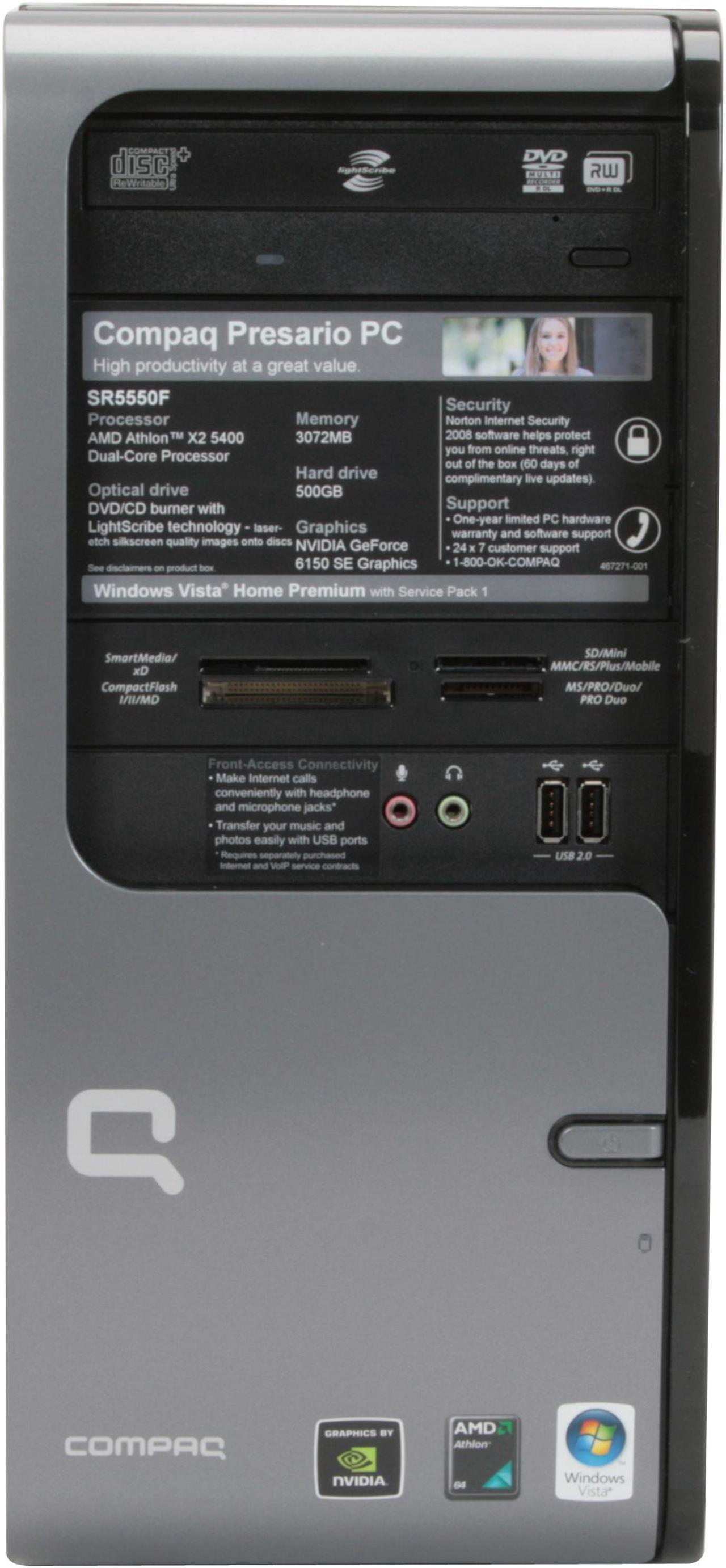 Alt view image 3 of 18 - COMPAQ Desktop PC Presario SR5550F(KQ514AA) 5400+ 3GB DDR2 500GB HDD NVIDIA GeForce 6150 SE Windows Vista Home Premium