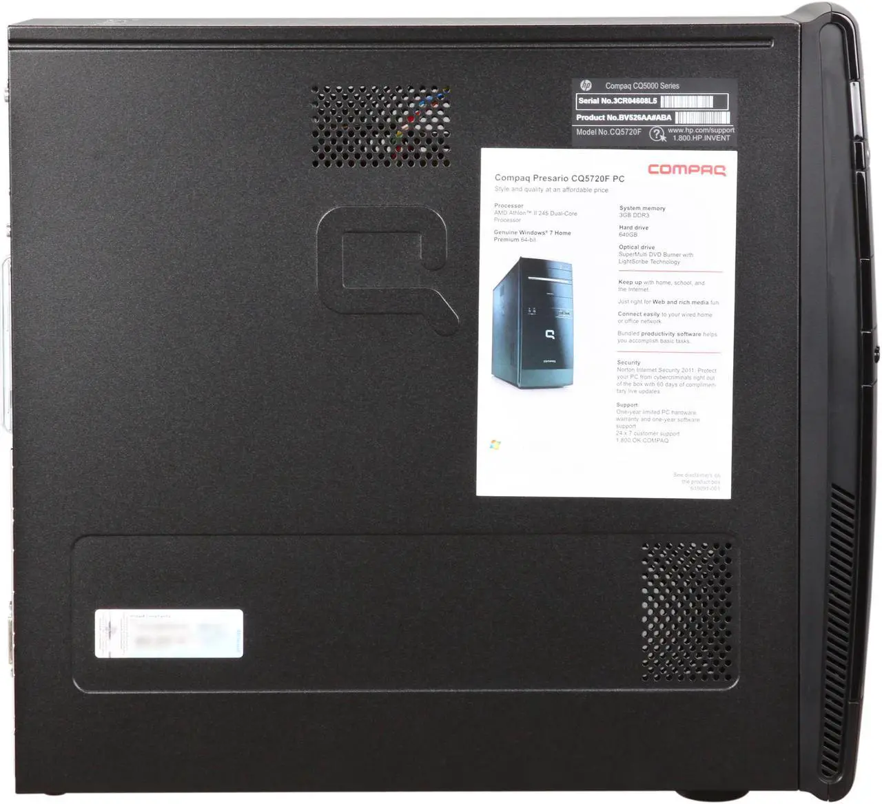 Alt view image 4 of 9 - COMPAQ Desktop PC Presario CQ5720F (BV526AA#ABA) AMD Athlon II X2 245 3GB DDR3 640GB HDD ATI Radeon 3000 IGP Windows 7 Home Premium 64-bit