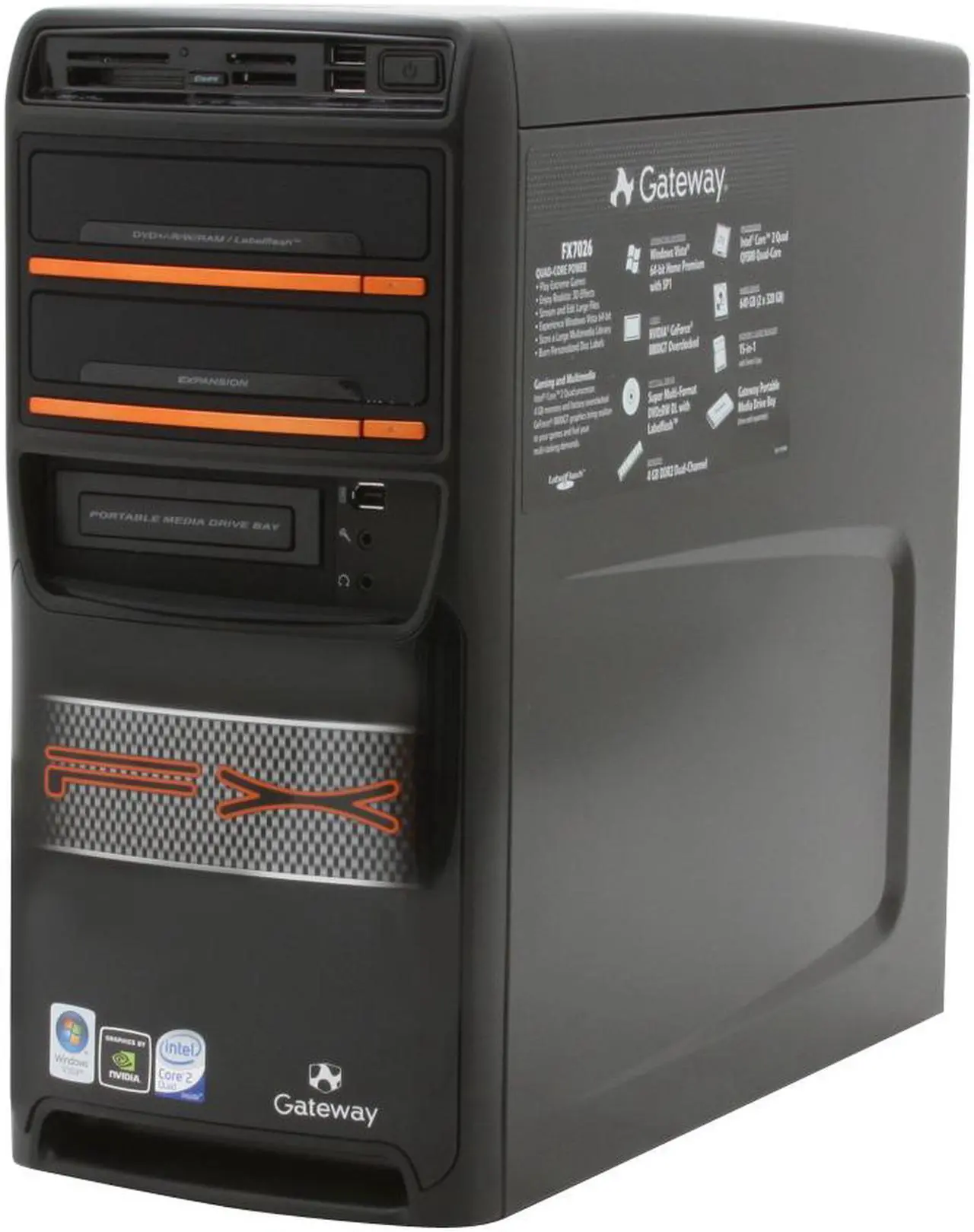 Alt view image 4 of 13 - Gateway Desktop PC FX7026 Intel Core 2 Quad Q9300 4GB DDR2 640GB HDD NVIDIA GeForce 8800 GT Windows Vista Home Premium 64-bit