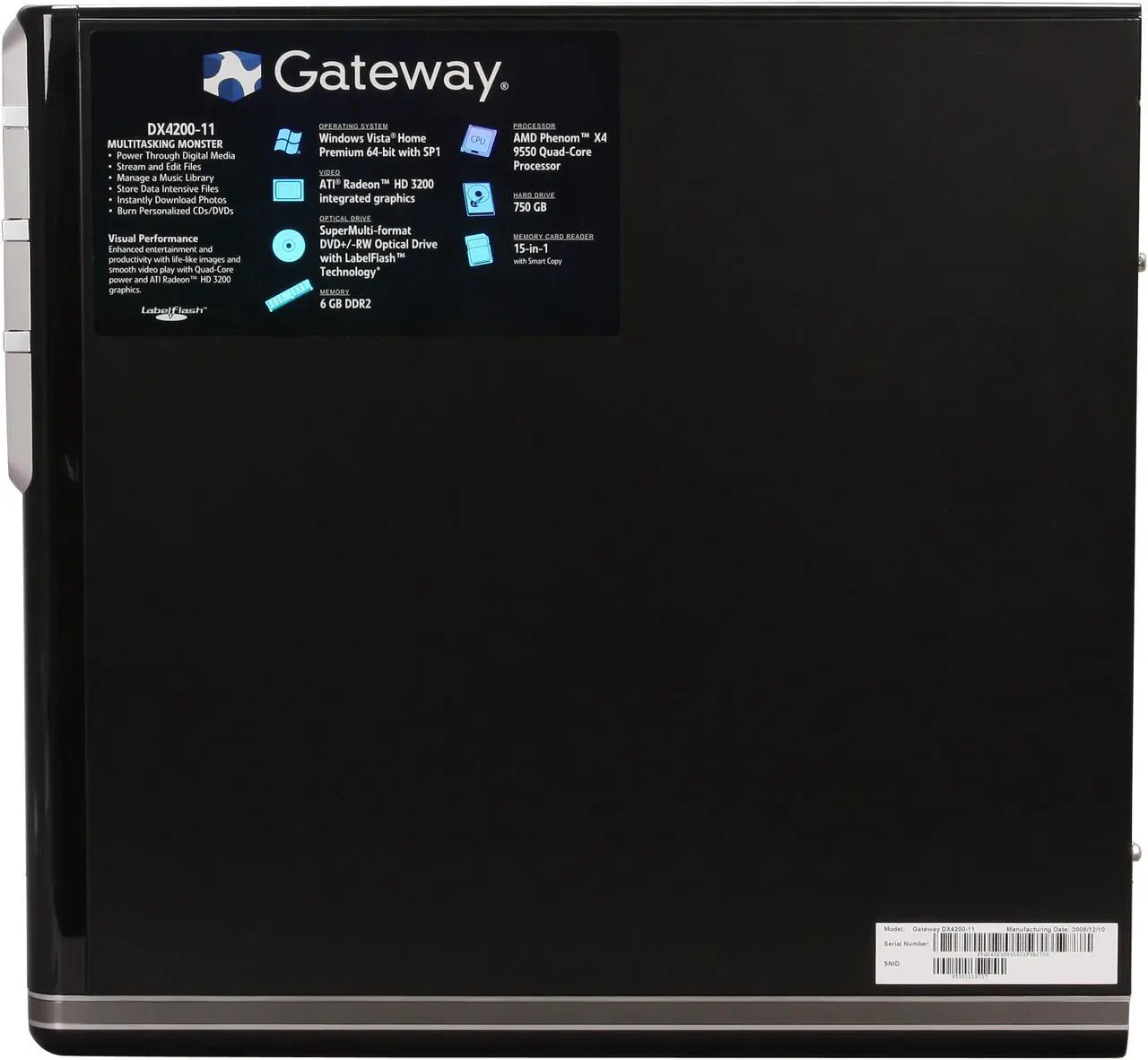 Alt view image 14 of 20 - Gateway Desktop PC DX Series DX4200-11 AMD Phenom X4 9550 6GB DDR2 750GB HDD ATI Radeon HD 3200 Windows Vista Home Premium 64-bit