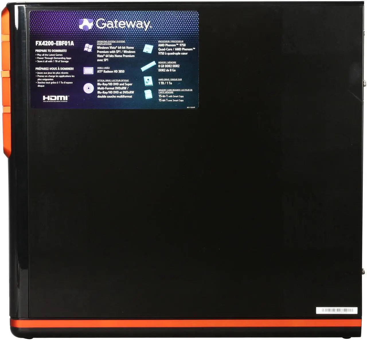 Alt view image 8 of 10 - Gateway Desktop PC FX Series FX4200-EBF01A AMD Phenom X4 9750 8GB DDR2 1TB HDD ATI Radeon HD 3850 Windows Vista Home Premium 64-bit