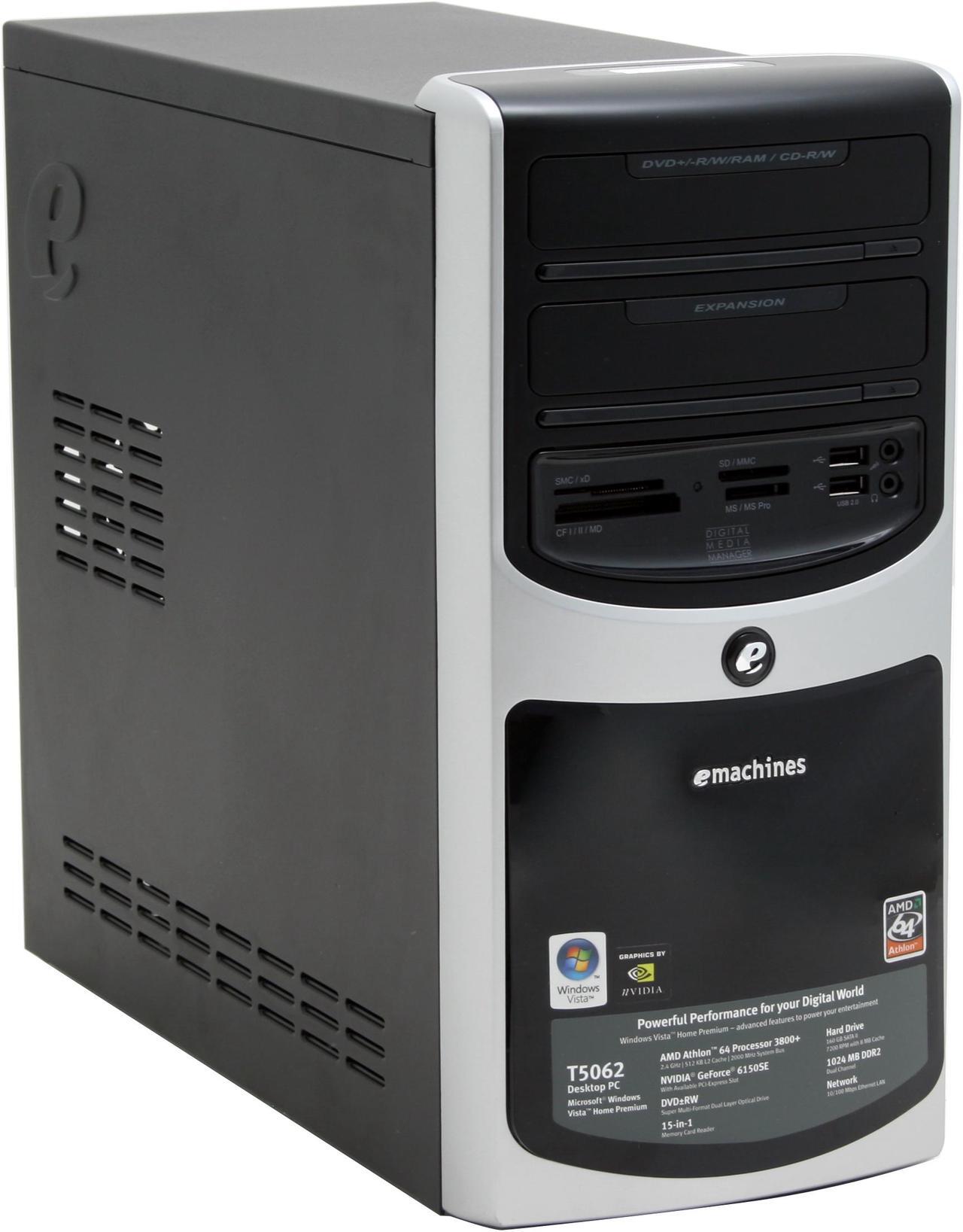 Alt view image 2 of 19 - eMachines Desktop PC T5062 - RA 3800+ (2.00 GHz) 1GB DDR2 160GB HDD NVIDIA GeForce 6150 SE Windows Vista Home Premium