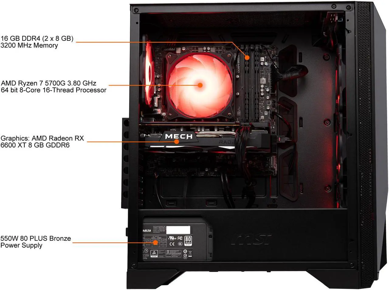 Alt view image 7 of 9 - MSI Gaming Desktop Aegis ZS 5DQ-279US AMD Ryzen 7 5700G 16GB DDR4 1TB PCIe SSD AMD Radeon RX 6600 XT Windows 11 Home 64-bit