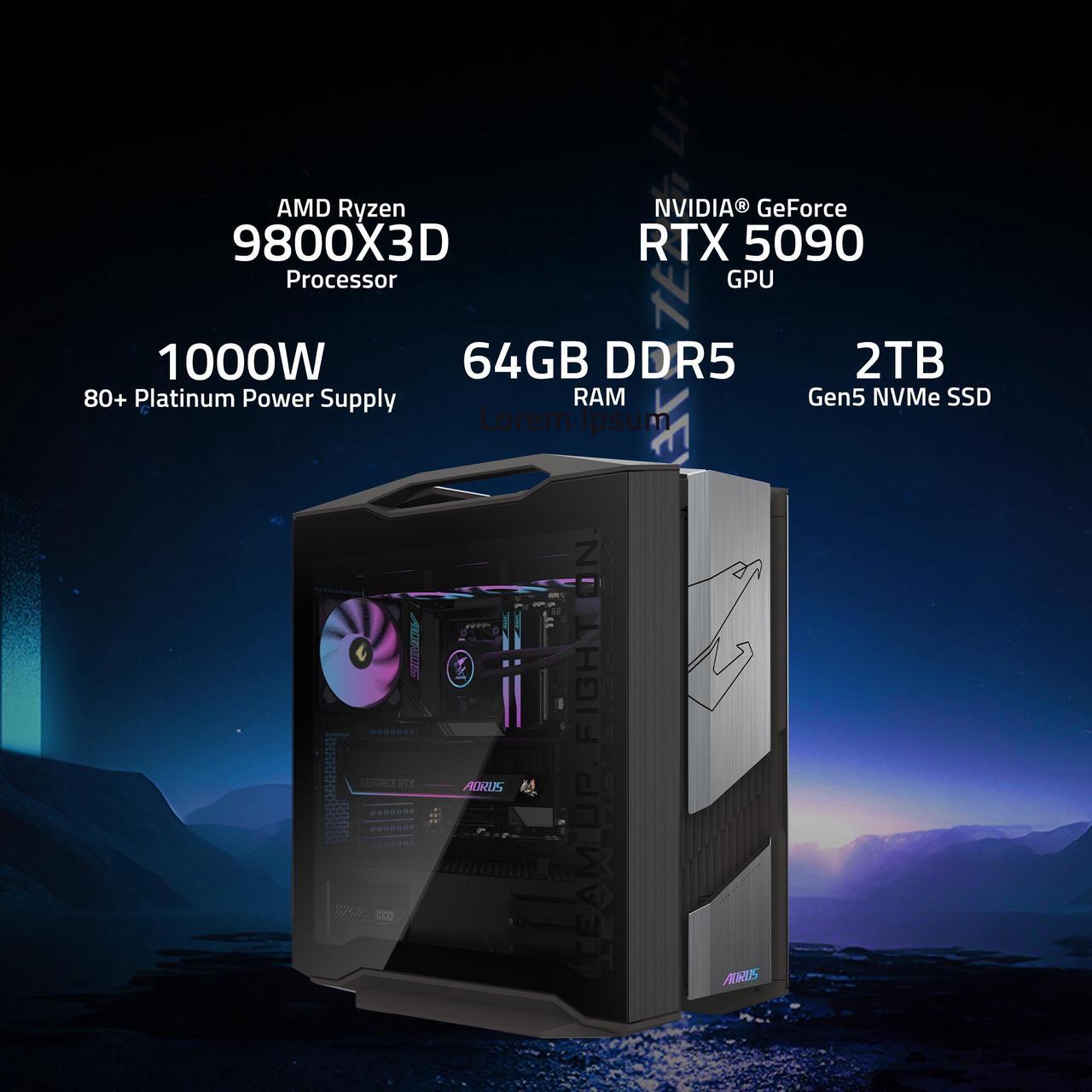 Alt view image 4 of 9 - GIGABYTE AORUS Gaming Desktop PC, AMD Ryzen 7 9800X3D, AORUS RTX 5090, 64GB DDR5 RAM, 2TB Gen5 NVMe SSD, Windows 11 Home, AORUS SUPREME 5 AS5A7N9-5000