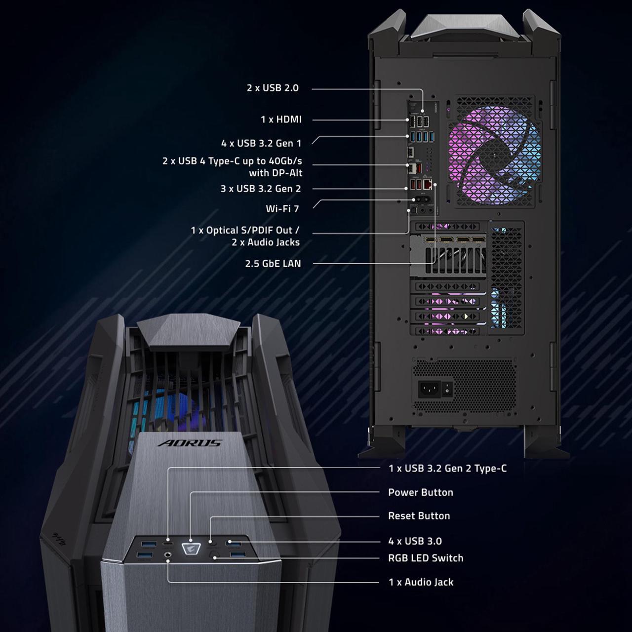 Alt view image 9 of 9 - GIGABYTE AORUS Gaming Desktop PC, AMD Ryzen 7 9800X3D, AORUS RTX 5090, 64GB DDR5 RAM, 2TB Gen5 NVMe SSD, Windows 11 Home, AORUS SUPREME 5 AS5A7N9-5000
