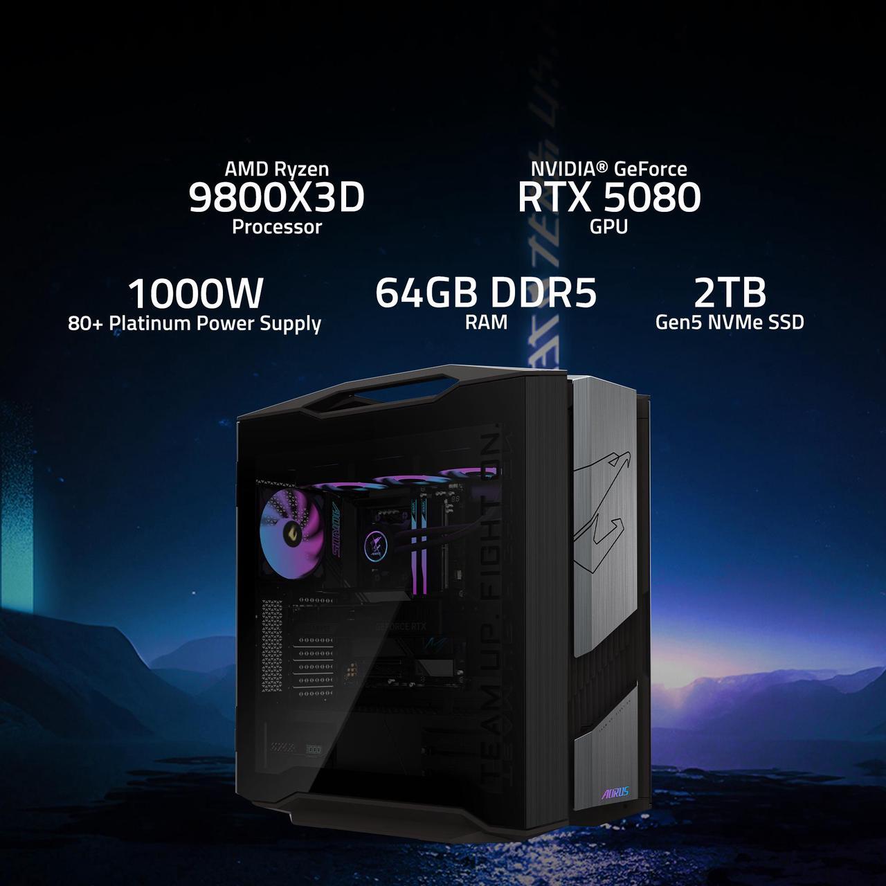 Alt view image 2 of 7 - GIGABYTE AORUS Gaming Desktop PC, AMD Ryzen 7 9800X3D, GIGABYTE RTX 5080, 64GB DDR5 RAM, 2TB Gen5 NVMe SSD, Windows 11 Home, AORUS SUPREME 5 AS5A7N8-5001