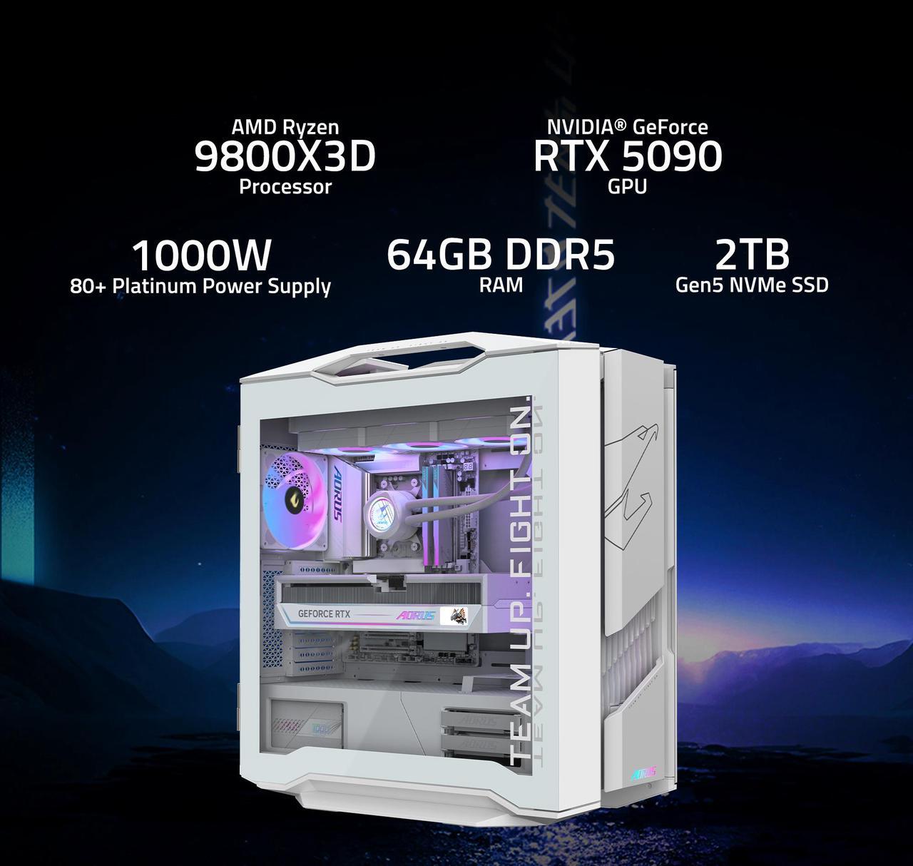 Alt view image 4 of 9 - GIGABYTE AORUS Gaming Desktop PC, AMD Ryzen 7 9800X3D, AORUS RTX 5090, 64GB DDR5 RAM, 2TB Gen5 NVMe SSD, Windows 11 Home, AORUS SUPREME 5 ICE AS5IA7N9-5002