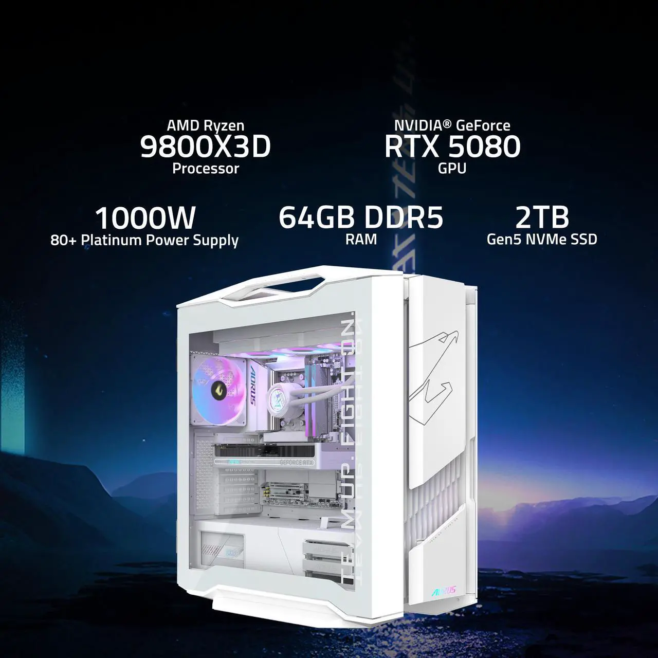 Alt view image 2 of 7 - GIGABYTE AORUS Gaming Desktop PC, AMD Ryzen 7 9800X3D, GIGABYTE RTX 5080, 64GB DDR5 RAM, 2TB Gen5 NVMe SSD, Windows 11 Home, AORUS SUPREME 5 ICE AS5IA7N8-5003
