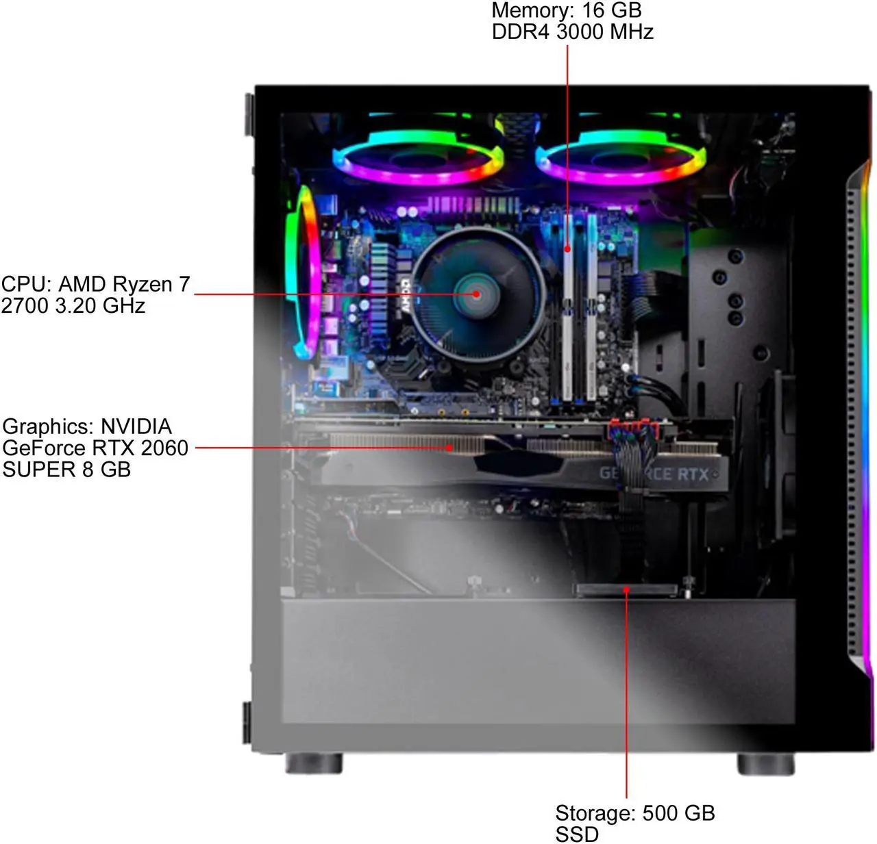 Alt view image 6 of 10 - Skytech - Gaming Desktop PC - AMD Ryzen 7 2700 (8-Core 3.2 GHz), NVIDIA GeForce RTX 2060 SUPER (8 GB), 16 GB DDR4, 500 GB SSD, AMD B450, Windows 10 Home 64-bit, Shadow