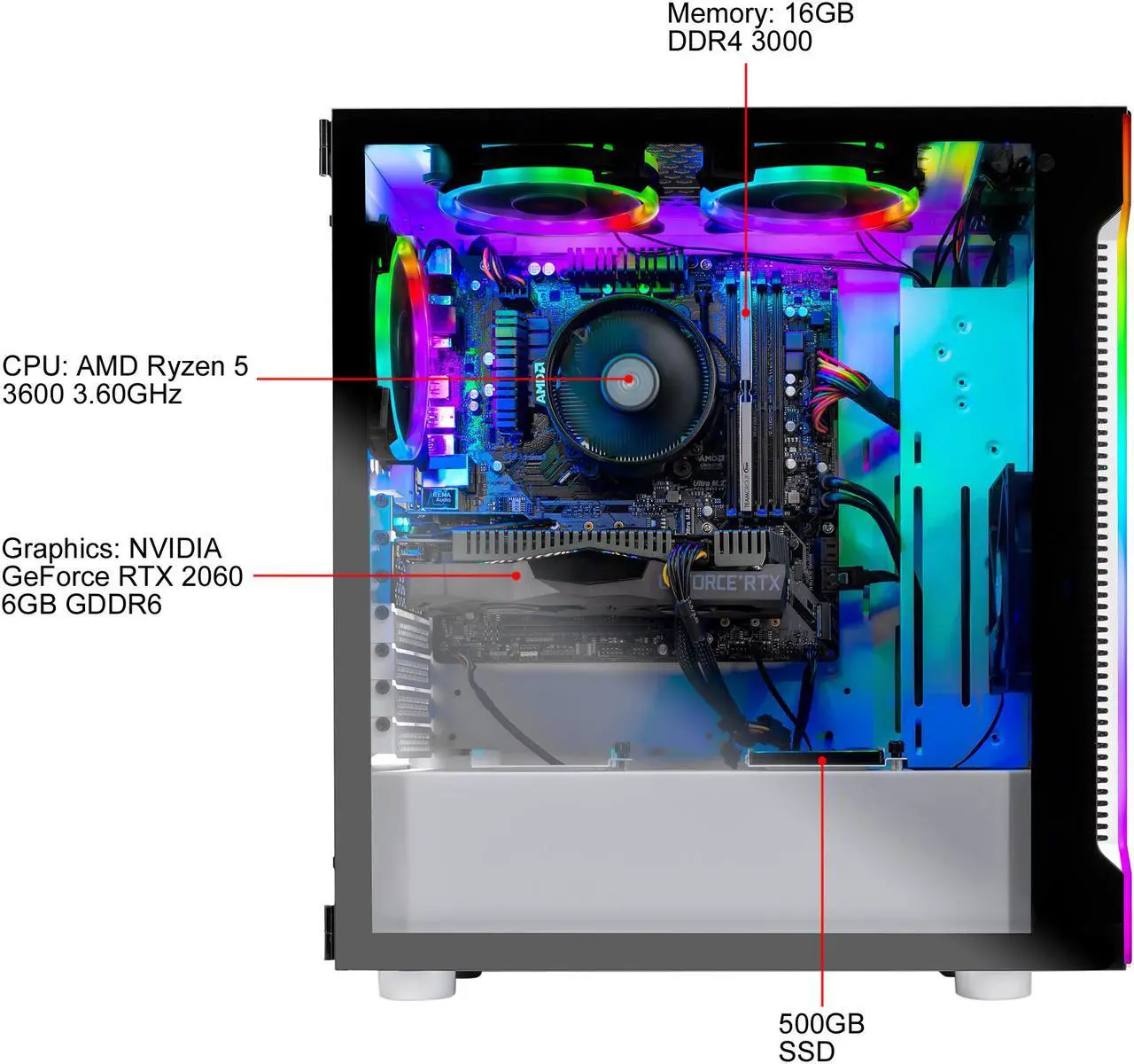 Alt view image 6 of 8 - Skytech Archangel Gaming Desktop - Ryzen 5 3600, GeForce RTX 2060, 16 GB DDR4, 500 GB SSD, RGB Fans (ST-Arch3.0-0056-NE)