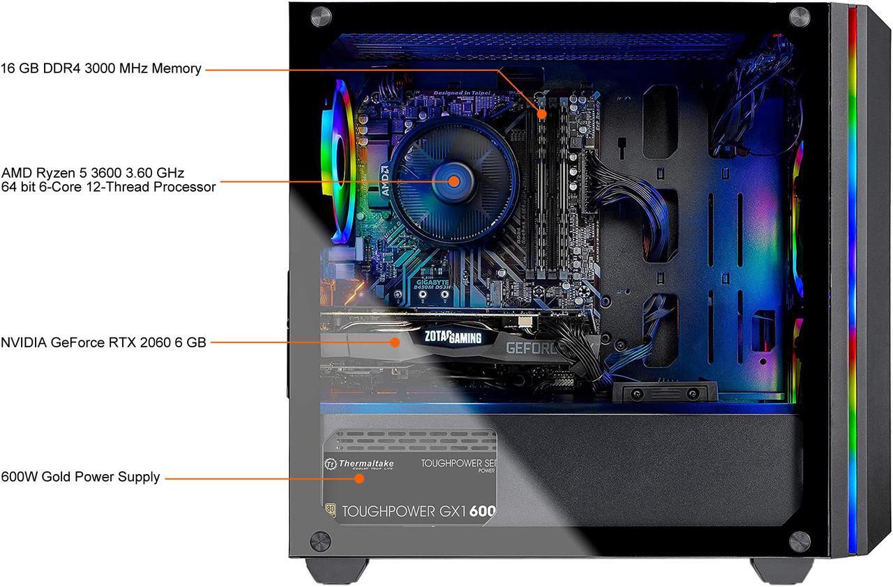 Alt view image 4 of 8 - Skytech Chronos Mini Gaming Computer PC Desktop - Ryzen 5 3600 6-Core 3.60 GHz, RTX 2060 6 GB, 1 TB SSD, 16 GB DDR4 3000, B450 MB, RGB Fans, 600W Gold PSU, AC WiFi, Windows 10 Home 64-bit, Black
