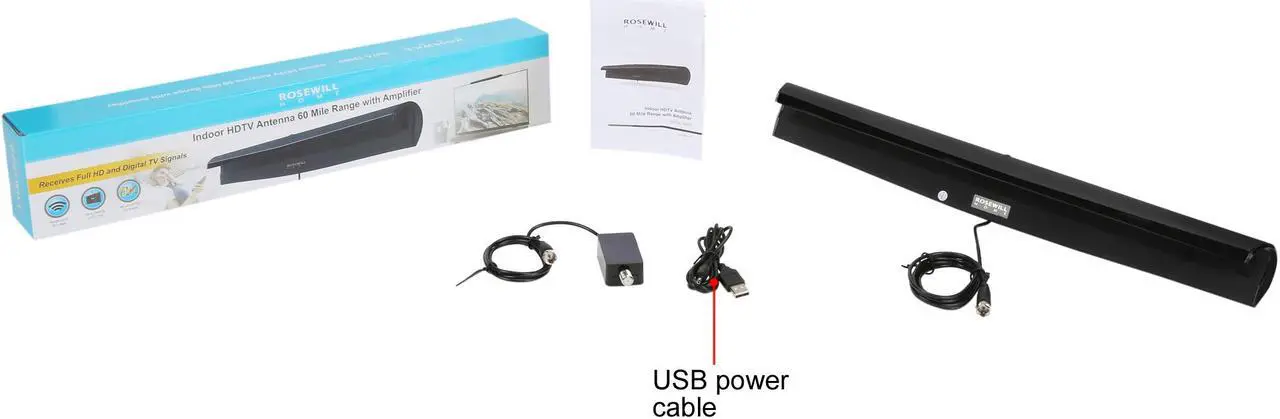 Alt view image 11 of 10 - Rosewill HDTV Indoor Antenna, 60 Mile Range with Amplifier Signal Booster, 5ft Coaxial Cable, Top Mounted, Supports UHF/VHF, 4K HD and ATSC 3.0 Ready - RHTA-18002