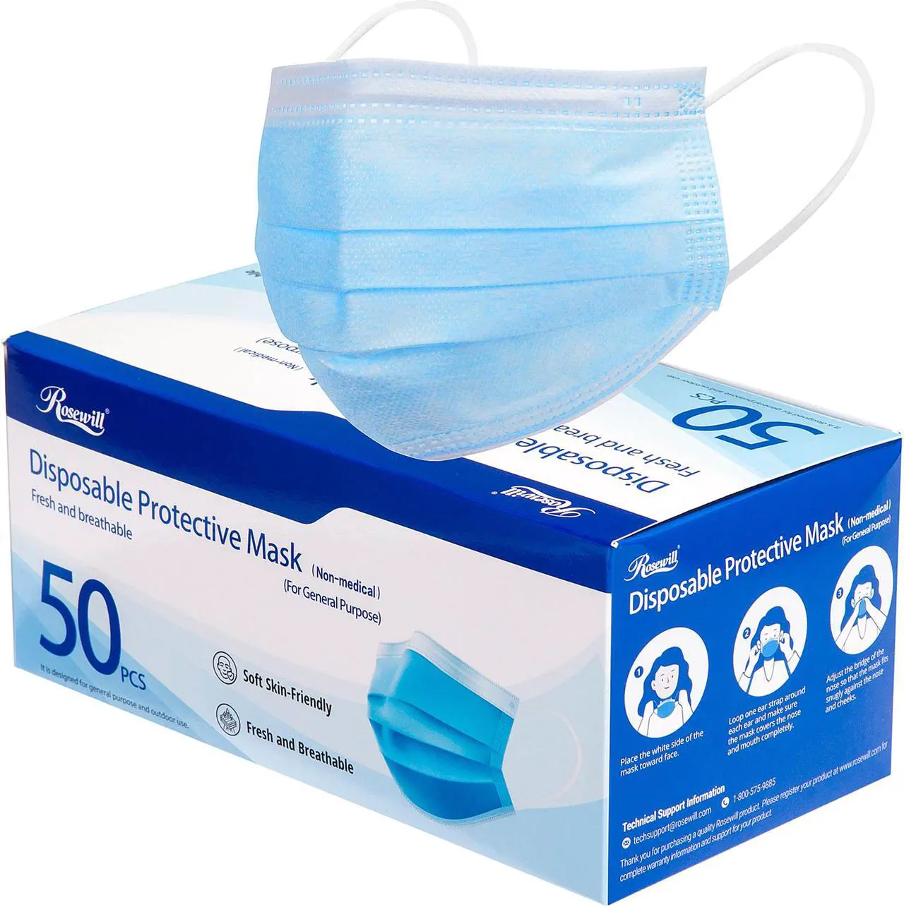 Main image of Rosewill RCFM-20014 Disposable Face Masks | 50 Pack | Made For Daily Use Protective Masks | 3 Layer | Blue