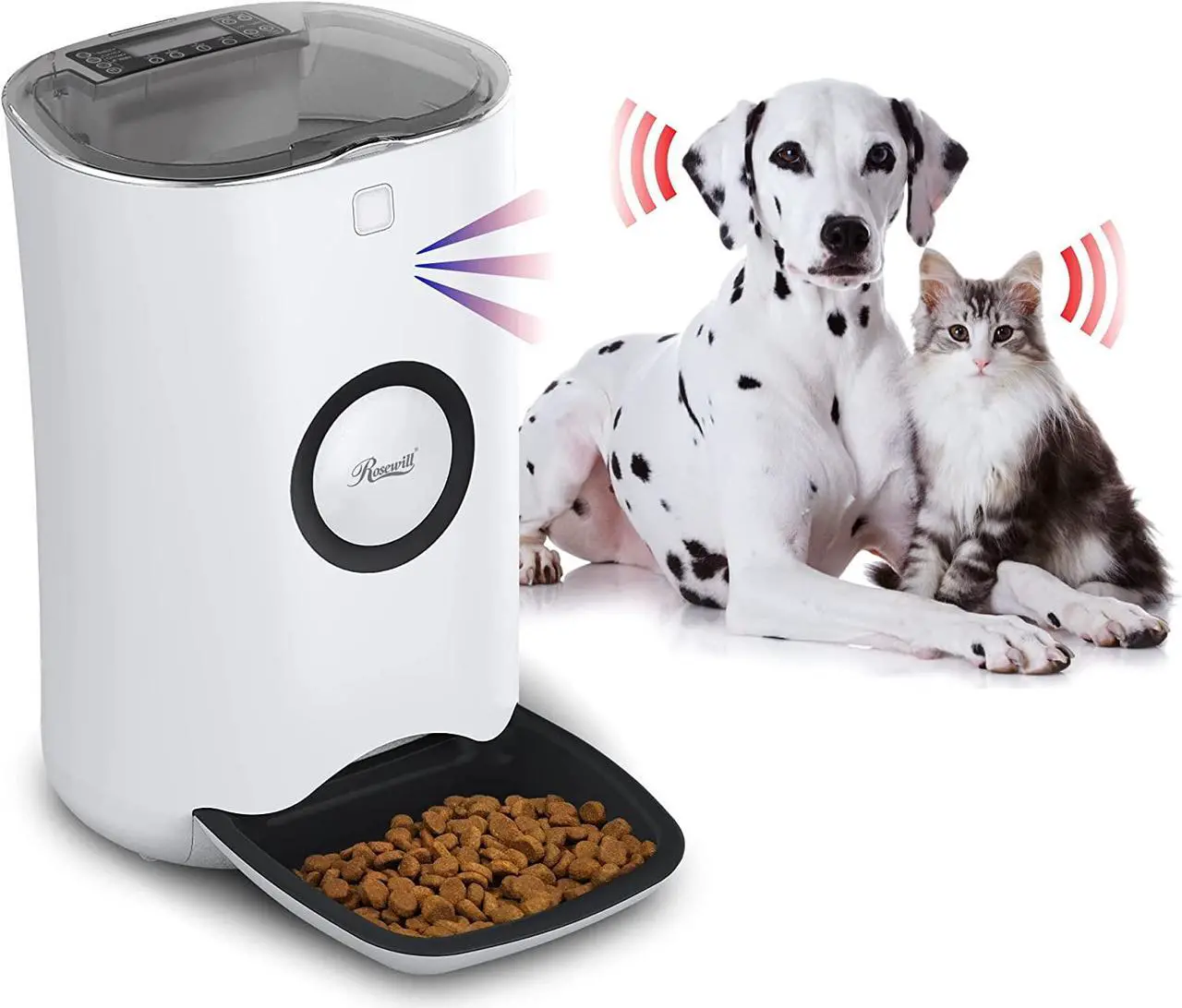 Main image of Rosewill Automatic Pet Feeder Food Dispenser for Cat or Dog, Up to 6.5 lbs of Dry Food with Alarm, Portion Control & Voice Recorder, Programmable, USB & Battery Powered, White - (RPPF-21001)