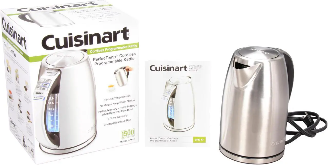 Alt view image 7 of 7 - Cuisinart CPK-17 Silver PerfecTemp cordless electric kettle with 1-2/3-liter capacity and concealed heating element, 1500 Watt/110 Volts stainless-steel