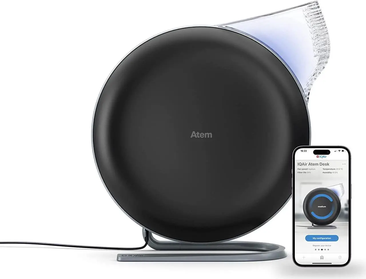 Main image of IQAir Atem Desk Air Purifier for Home, Office, Desktop, Small Room up to 300 sq ft, HyperHEPA Technology for Bacteria, Viruses, Allergens, Pets, Asthma Triggers, Swiss Design, Made in Germany, Black
