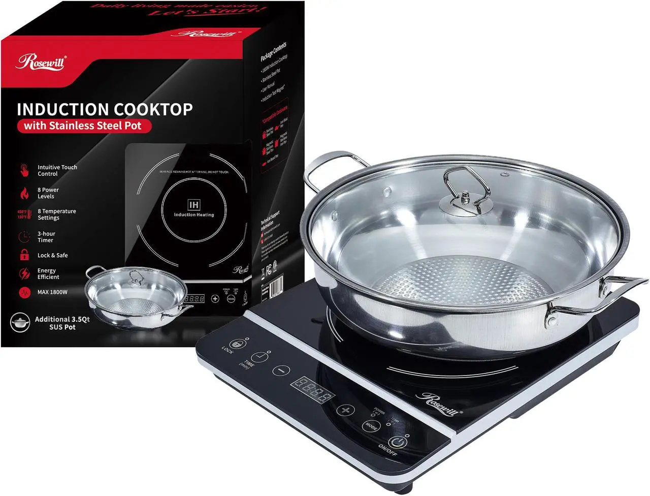 Alt view image 9 of 10 - Rosewill Portable Induction Cooktop Burner, 1800W, 8 Power/Temp Levels, Touch Panel, LED Display, Timer, Auto Shut-Off, Child Safety Lock, Includes Stainless Steel Pot - (RHAI-13001)