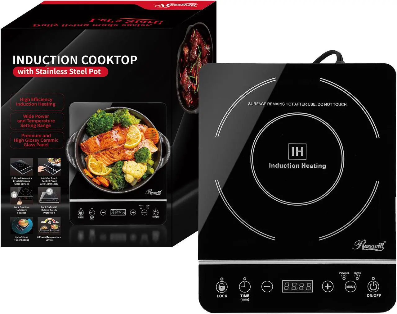 Alt view image 10 of 10 - Rosewill Portable Induction Cooktop Burner, 1800W, 8 Power/Temp Levels, Touch Panel, LED Display, Timer, Auto Shut-Off, Child Safety Lock, Includes Stainless Steel Pot - (RHAI-13001)