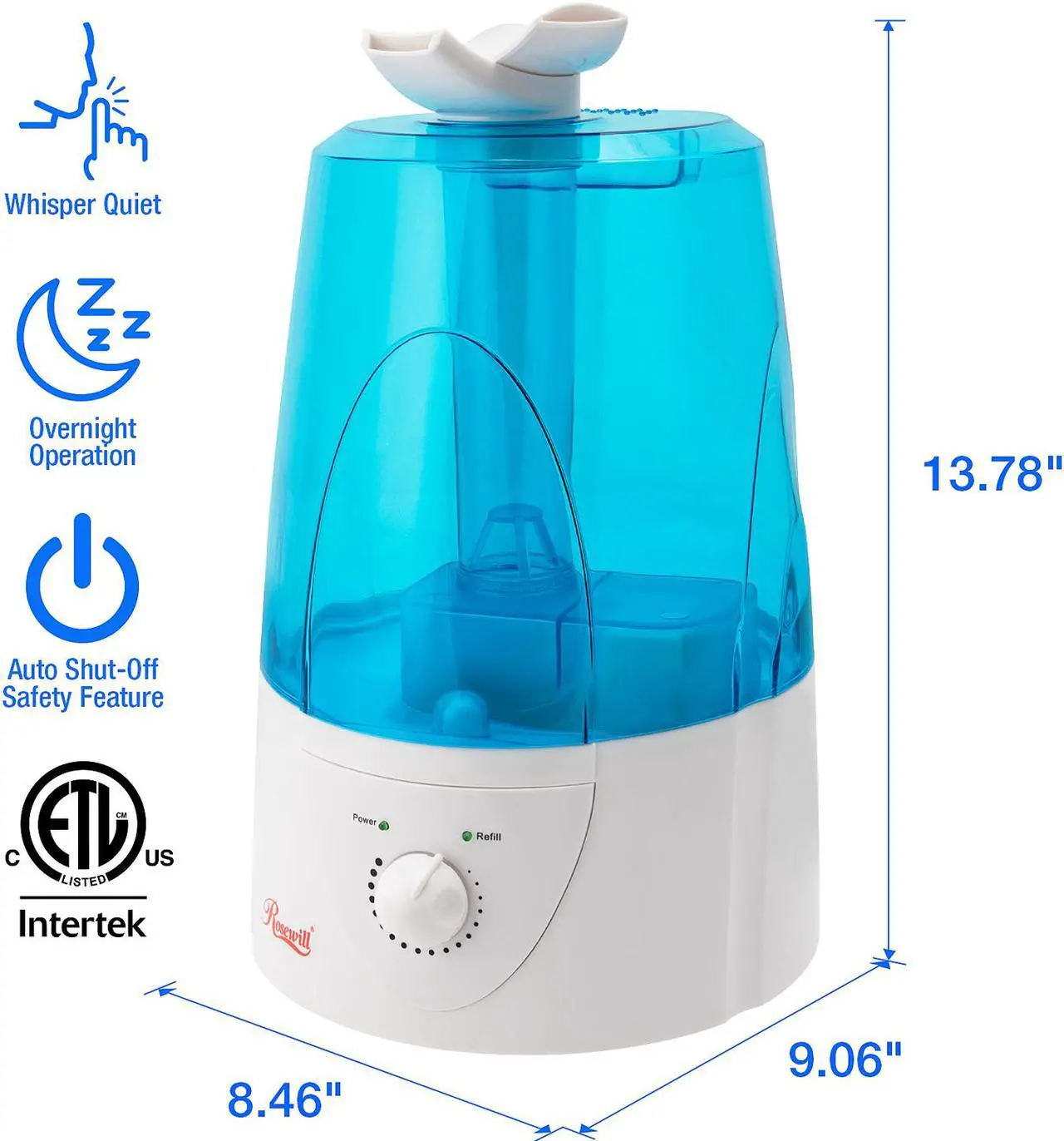 Alt view image 5 of 6 - Rosewill RHHD-14001 - Ultrasonic Humidifier - Dual Cool Mist, Auto Shut-Off with LED Night Light, 1.3 Gallon (5L) Tank Capacity, White