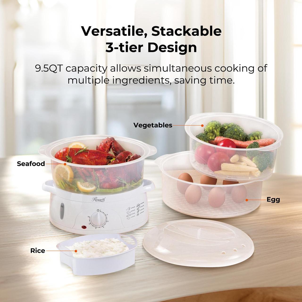 Alt view image 7 of 8 - ROSEWILL 4 in 1 Electric Food Steamer, Steamer, Baby food maker, Rice cooker and Sterilizer, 800W turbo steam fast heating, 3 Tier stackable baskets,9.5Qt
