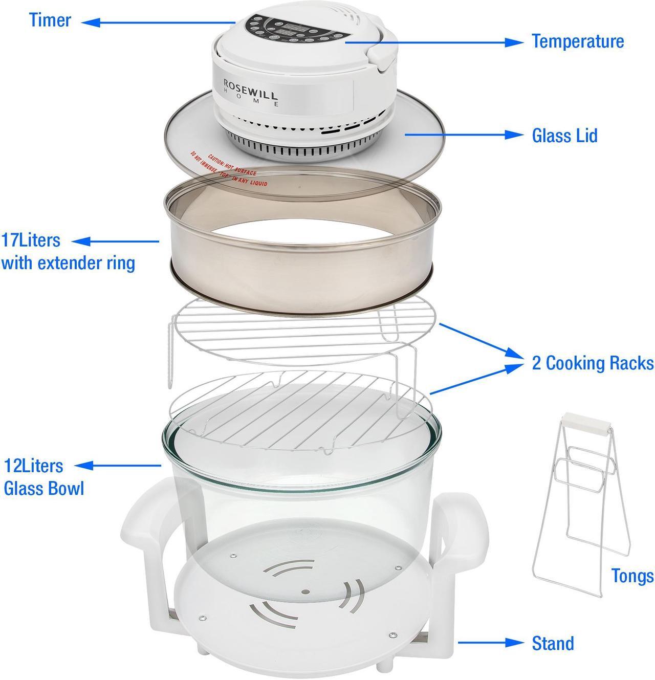 Alt view image 4 of 7 - Rosewill RHCO-16001 18Qt Infrared Halogen Stainless Steel Convection Oven | Extender Ring and Accessories Included | Built-in Timer | White