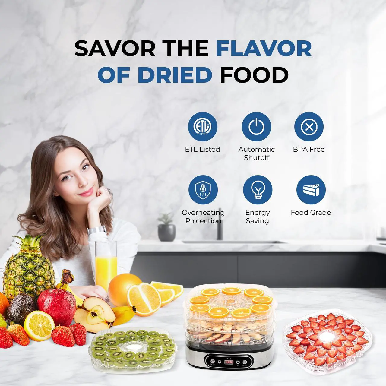 Alt view image 5 of 7 - Rosewill Essential Food Dehydrator, 5 Stackable Trays with Adjustable 48H Timer and Temperature Control - Electric Food Preserver for Jerky, Fruits, Veggies, Meat & Dog Treats, Large capacity