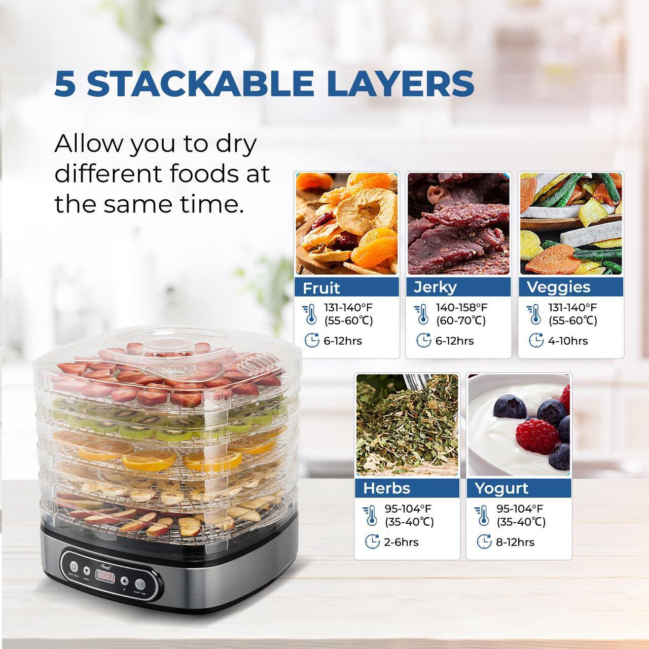 Alt view image 6 of 7 - Rosewill Essential Food Dehydrator, 5 Stackable Trays with Adjustable 48H Timer and Temperature Control - Electric Food Preserver for Jerky, Fruits, Veggies, Meat & Dog Treats, Large capacity