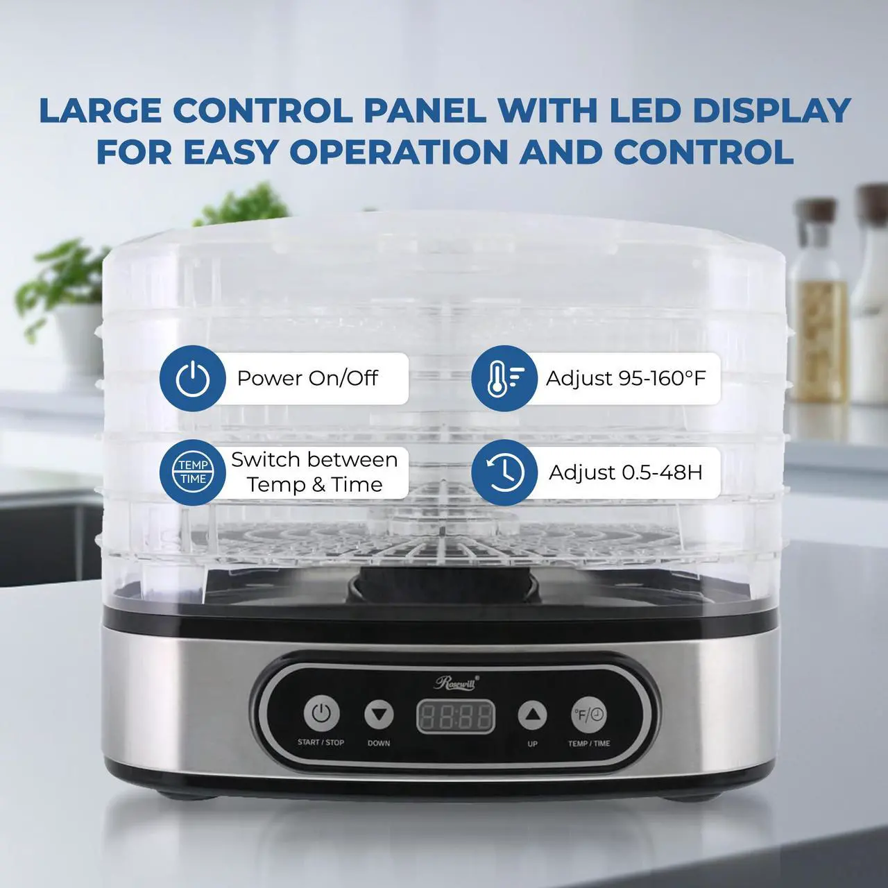 Alt view image 8 of 7 - Rosewill Essential Food Dehydrator, 5 Stackable Trays with Adjustable 48H Timer and Temperature Control - Electric Food Preserver for Jerky, Fruits, Veggies, Meat & Dog Treats, Large capacity