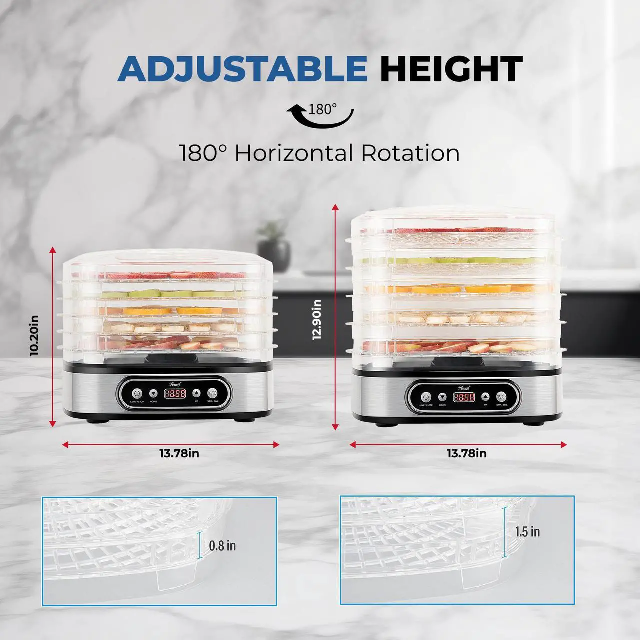 Alt view image 9 of 7 - Rosewill Essential Food Dehydrator, 5 Stackable Trays with Adjustable 48H Timer and Temperature Control - Electric Food Preserver for Jerky, Fruits, Veggies, Meat & Dog Treats, Large capacity