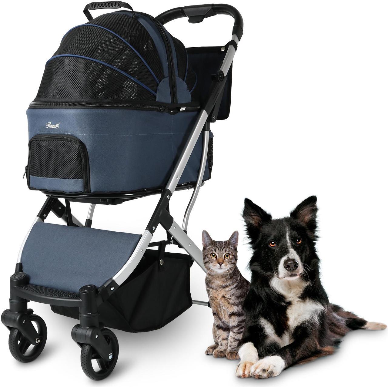 Rosewill 3-in-1 Pet Stroller for Small/Medium Cats or Dogs, Removable Carrier, Waterproof, 6 Pocket Organizer & Basket, One-Hand Fold, Great for Walking/Jogging/Travel, Navy Blue - (RPPS-22001N)