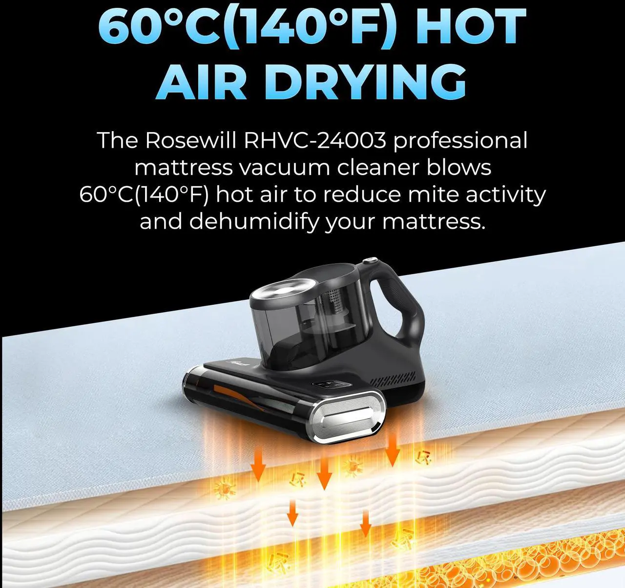 Alt view image 7 of 8 - Rosewill Mattress Vacuum Cleaner: Anti-allergen Bed Vacuum Cleaner with UV-C Light & High Heating Tech, 450W 16Kpa Strong Suction, Deep Cleaning Handheld Vacuums for Sofa/Bed/Pet Hair - Corded - Grey
