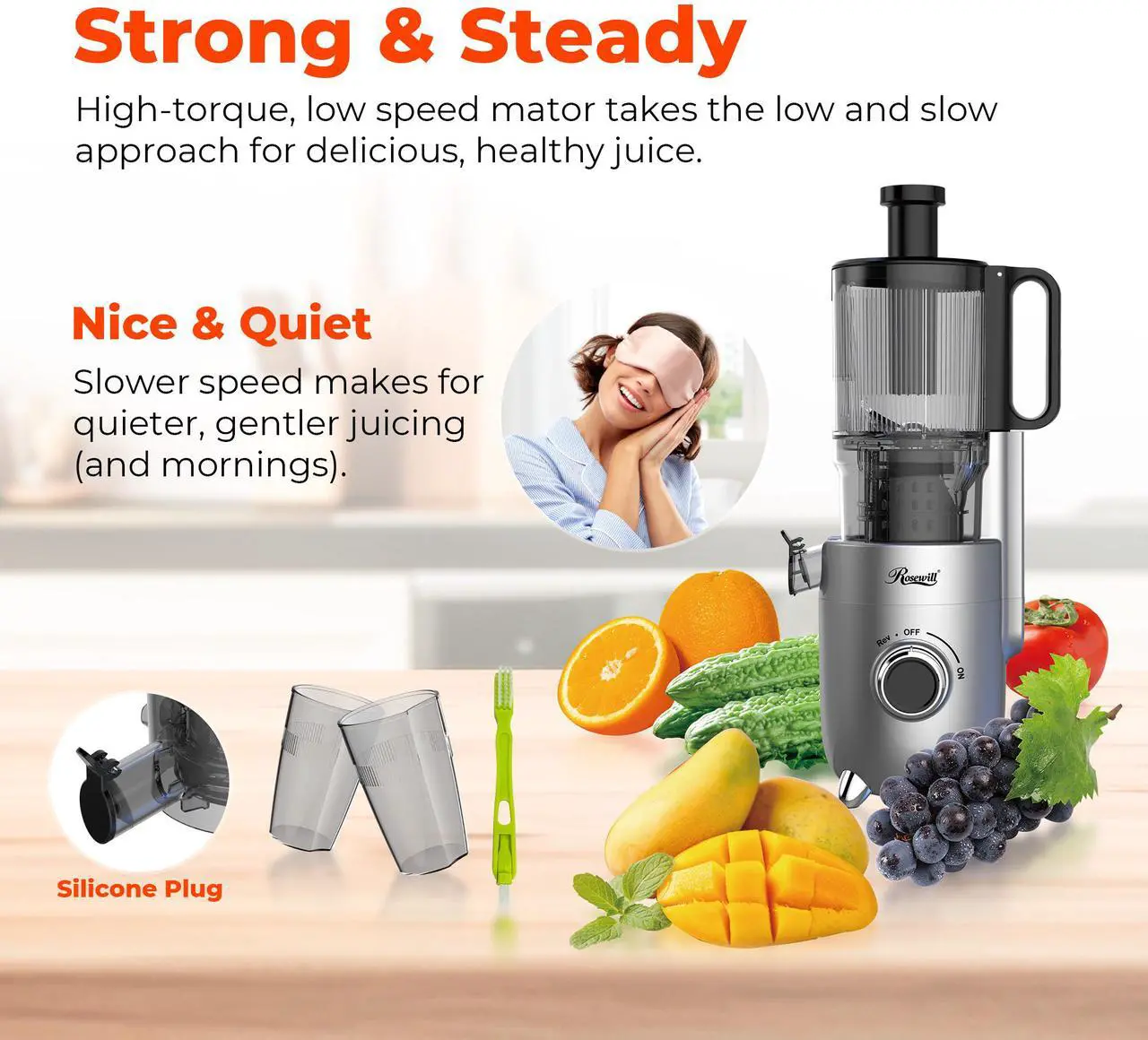 Alt view image 8 of 7 - Rosewill Cold Press Juicer, 4.72" Wide Feed Chute Juice Extractor Machine, High Juice Yield, Slow Masticating Juicer for Whole Vegetables & Fruits