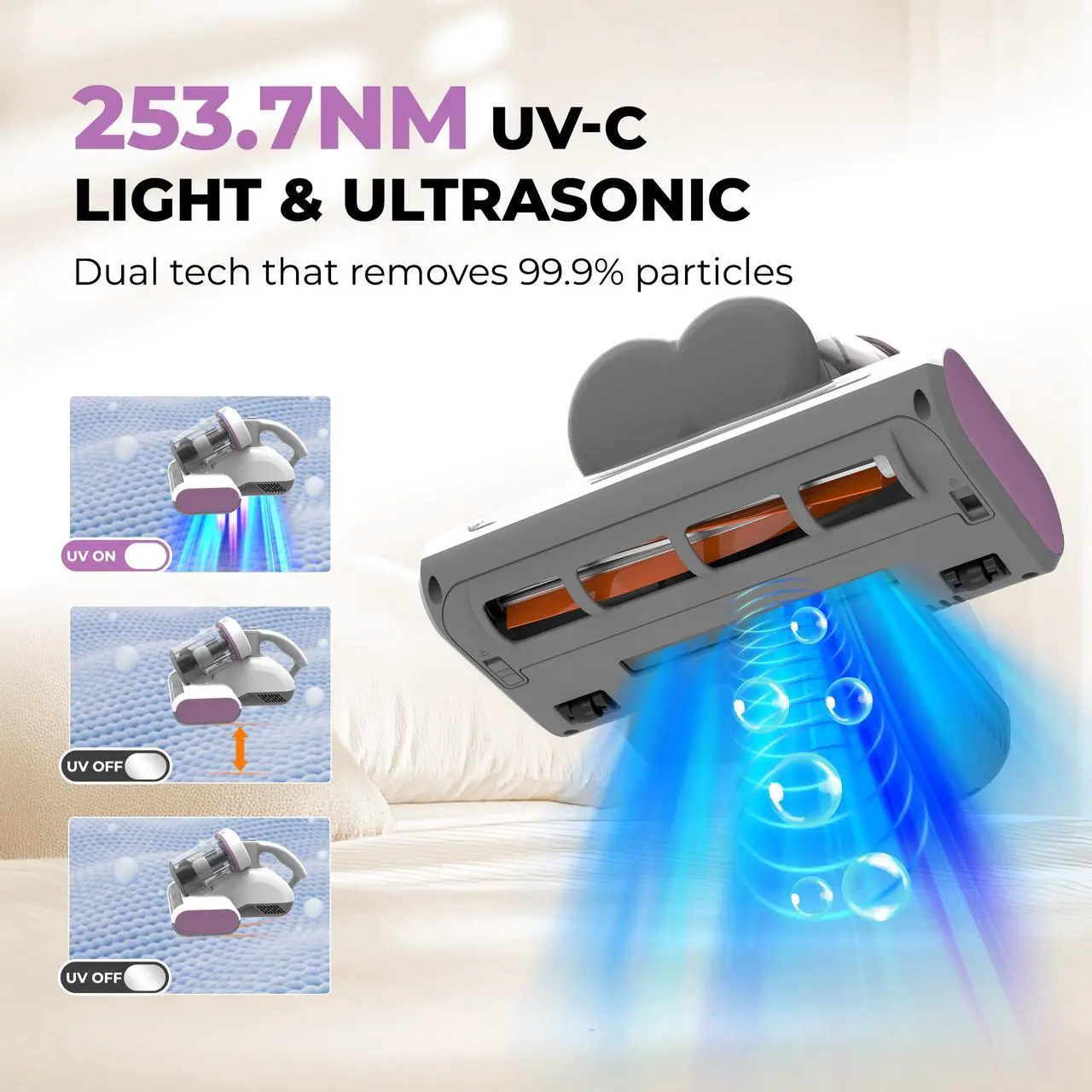 Alt view image 4 of 6 - Rosewill Mattress Vacuum Cleaner: Anti-allergen Bed Vacuum Cleaner with UV-C Light & High Heating Tech, 350W 13Kpa Strong Suction, Deep Cleaning Handheld Vacuums for Sofa/Bed/Pet Hair - Corded - PW