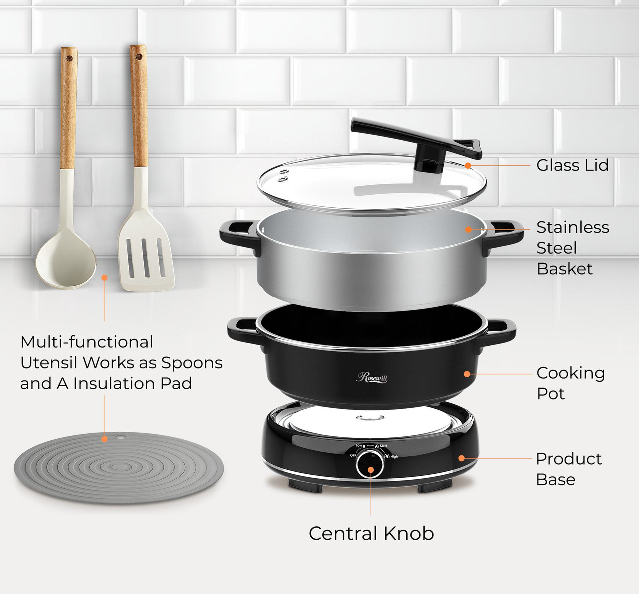 Open Box: Rosewill 12.7 QT Electric Hot Pot with Multiple Functions, Split Design with 11.8 inch Wider Cooking Pot and SUS Steam Basket, 1600W High Power, Includes Utensils - Black - Newegg.com - Open Box condition - Image 18