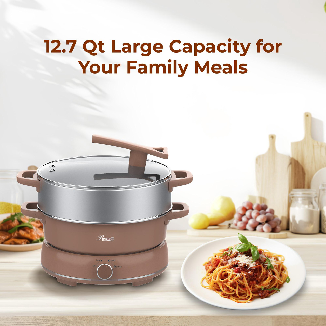 Open Box: Rosewill 12.7 QT Electric Hot Pot with Multiple Functions, Split Design with 11.8 inch Wider Cooking Pot and SUS Steam Basket, 1600W High Power, Includes Utensils - Mocha - Newegg.com - Image 12