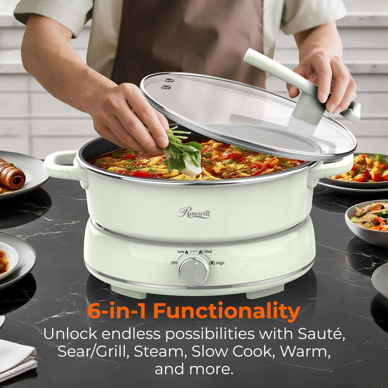 Open Box: Rosewill 12.7 QT Electric Hot Pot with Multiple Functions, Split Design with 11.8 inch Wider Cooking Pot and SUS Steam Basket, 1600W High Power, Includes Utensils - Light Green - Newegg.com - Open Box condition - Image 11