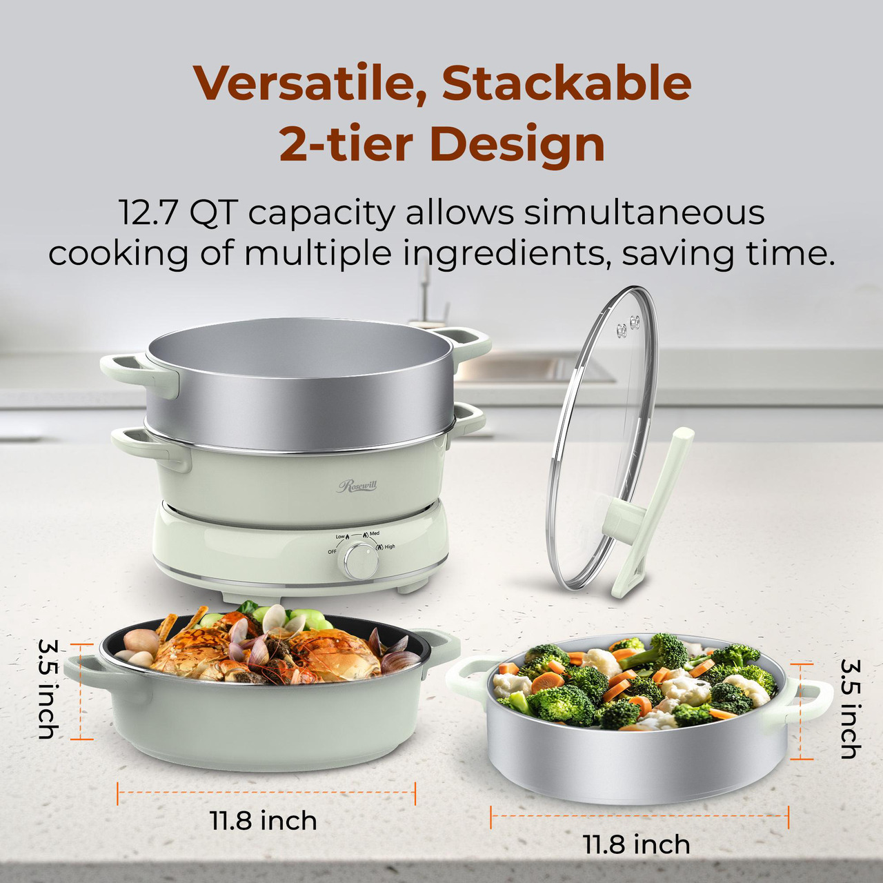 Open Box: Rosewill 12.7 QT Electric Hot Pot with Multiple Functions, Split Design with 11.8 inch Wider Cooking Pot and SUS Steam Basket, 1600W High Power, Includes Utensils - Light Green - Newegg.com - Open Box condition - Image 13