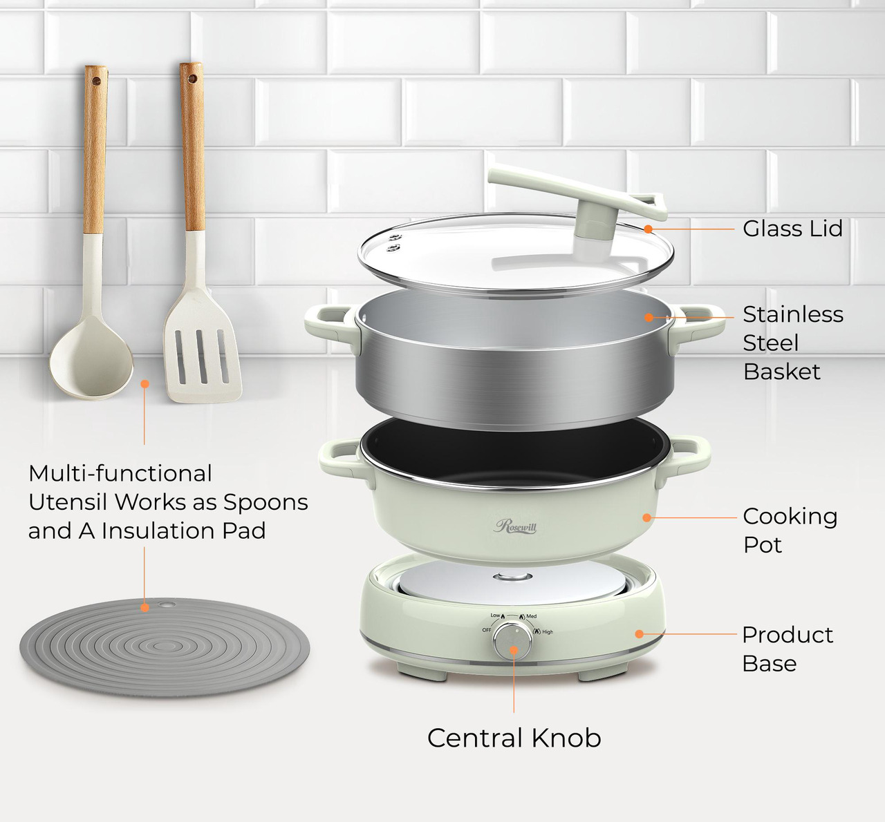 Open Box: Rosewill 12.7 QT Electric Hot Pot with Multiple Functions, Split Design with 11.8 inch Wider Cooking Pot and SUS Steam Basket, 1600W High Power, Includes Utensils - Light Green - Newegg.com - Open Box condition - Image 18