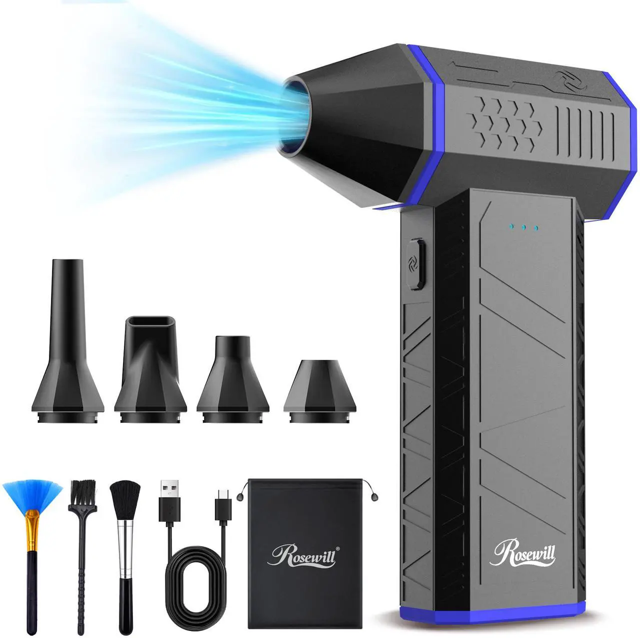 Main image of Rosewill Electric Air Duster-120000 RPM Super Power Cordless Compressed Air Duster, 3-Gear Adjustable Mini Blower with Fast Charging, Dust Blower for Computer, Keyboard, Pet, House, Outdoor and Car