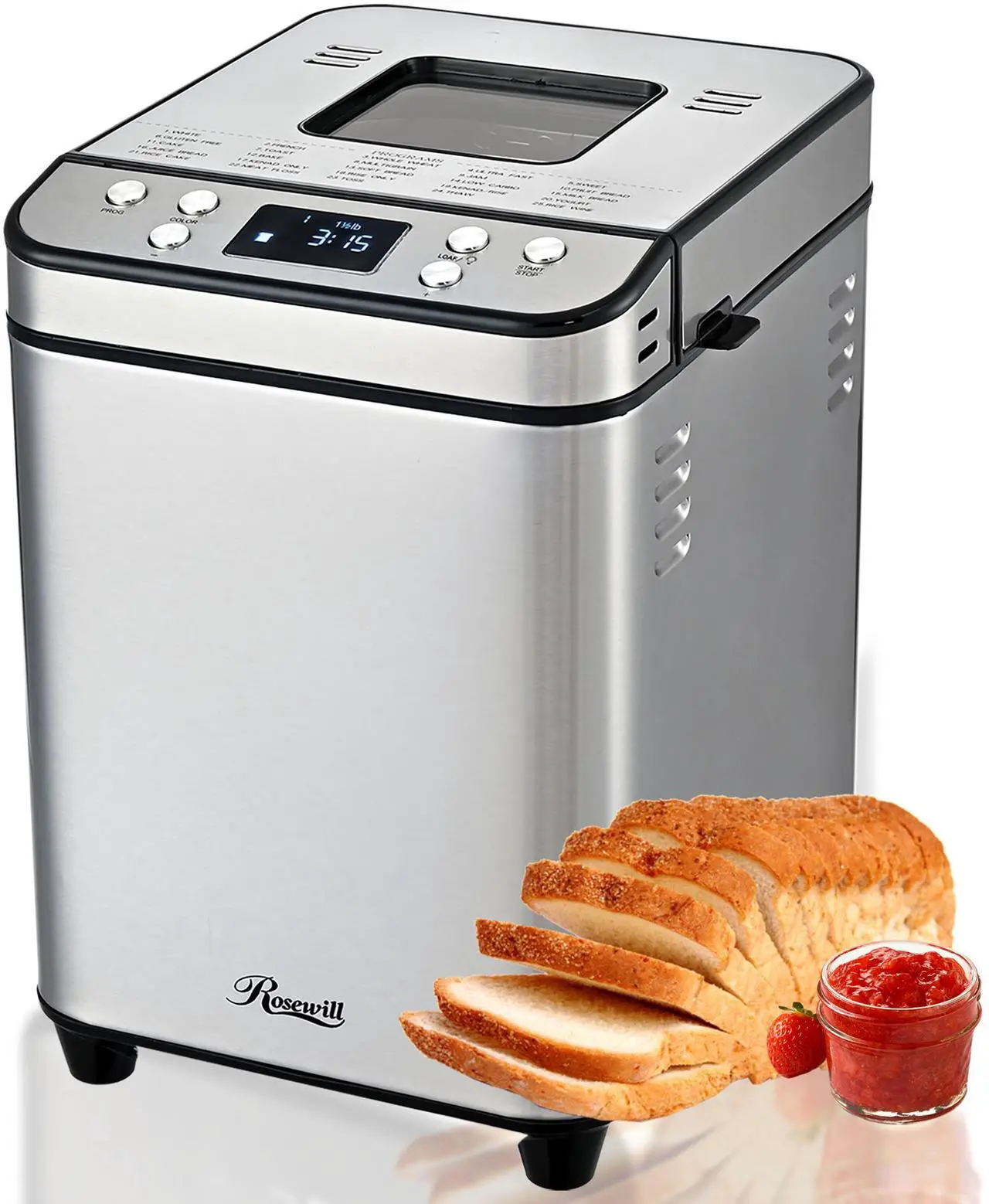 Rosewill 25-in-1 Automatic Bread Maker Machine with 3 Loaf Size up to 2LB, 700W High Power Dual Heater Bread Maker with BPA-free Nonstick Coating Pan, Max 15 Hours Delay Timer, Low Noise - Silver