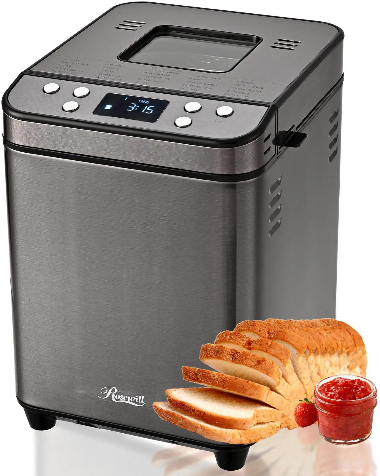 Rosewill 25-in-1 Automatic Bread Maker Machine with 3 Loaf Size up to 2LB, 700W High Power Dual Heater Bread Maker with BPA-free Nonstick Coating Pan, Max 15 Hours Delay Timer, Low Noise - Gray